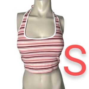 🆕Pink/Red Multicolor Stripe Design Stretchy Ribbed Halter Open Back Top~Size S